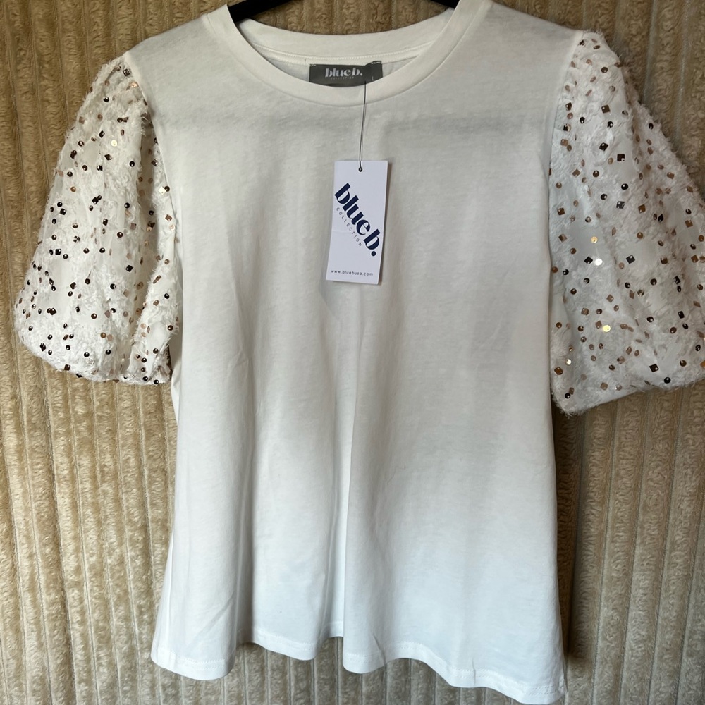 White Sequin Puff Sleeve Blouse